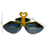 Luxury Blue Ceramic Tri-Part Platter with Bamboo Handle & Gold Rim – 24cm